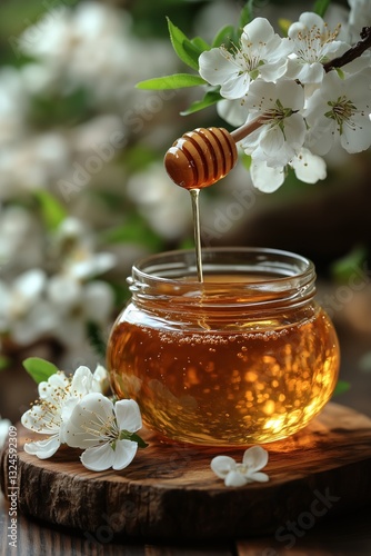 Golden Honey Drips From a Wooden Spoon Into a Jar Surrounded by Delicate Blos...