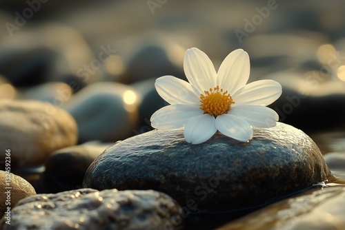 White Flower Rests on Smooth River Stone During Sunset Glow Creating Serene N...