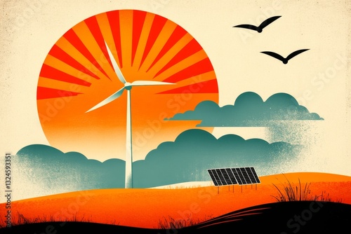 A vintage-style poster of a wind farm and solar panels, with bold retro typography and earthy tones evoking nostalgia for a sustainable future