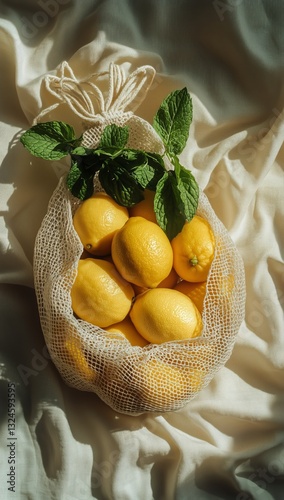 Fresh Lemons in a Woven Basket With Mint Leaves on a Light Fabric Background