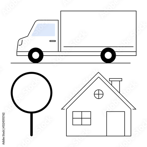 Delivery truck moving near a house with a location pin indicating destination. Ideal for shipping, delivery, housing, navigation, logistics, relocation, and tracking in a flat simple metaphor
