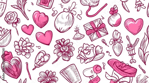 Pink Floral Romance: A charming, hand-drawn illustration brimming with pink flowers, hearts, and other romantic elements. This design is perfect for conveying feelings of love, joy, and celebration. 
