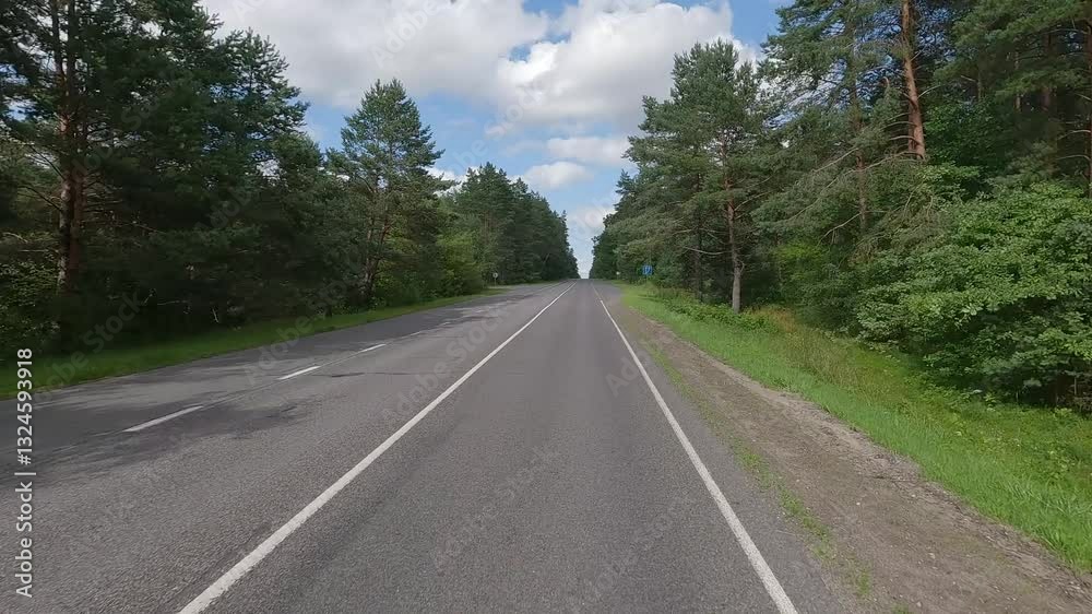 road in the countryside, roadside and asphalt, green forest and fields, blue sky and clouds road in the countryside, roadside and asphalt, green forest and fields, blue sky and clouds