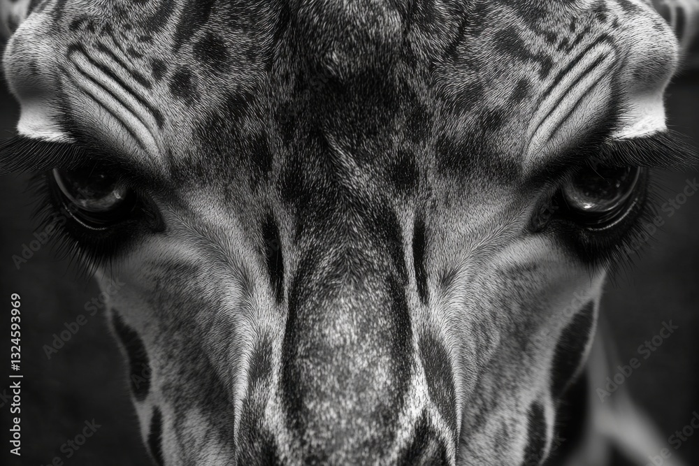 Naklejka premium Close view of a giraffe's expressive eyes gazing directly at the camera in a captivating moment, Close up of giraffes eyes looking into the camera