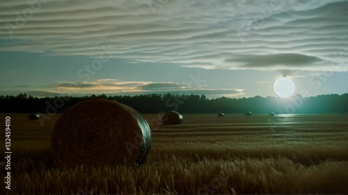 Golden Hour Hay Bales: Serene Field Landscape at Sunset, Rural Scenery, Agriculture, Countryside Charm, Warm Light, Peaceful Evening View