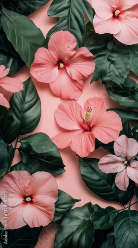 Soft Pink Flowers and Green Leaves Arranged on a Light Pink Backdrop for a Ca...