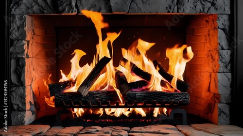 Cozy Fireplace with Burning Logs: Warm Home Interior, Rustic Stone Hearth, Bright Flames, Relaxing Ambiance, Winter Season, Fireplace Design