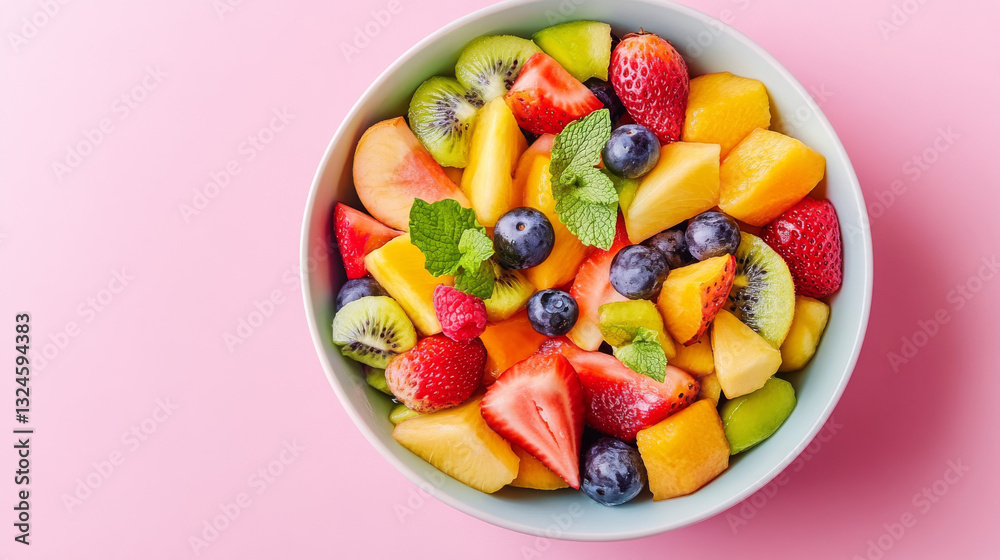 A colorful and refreshing fruit salad, artfully arranged in a bowl on a soft pink background, presented from a top-down view A colorful and refreshing fruit salad, artfully arranged in a bowl on a soft pink background, presented from a top-down view