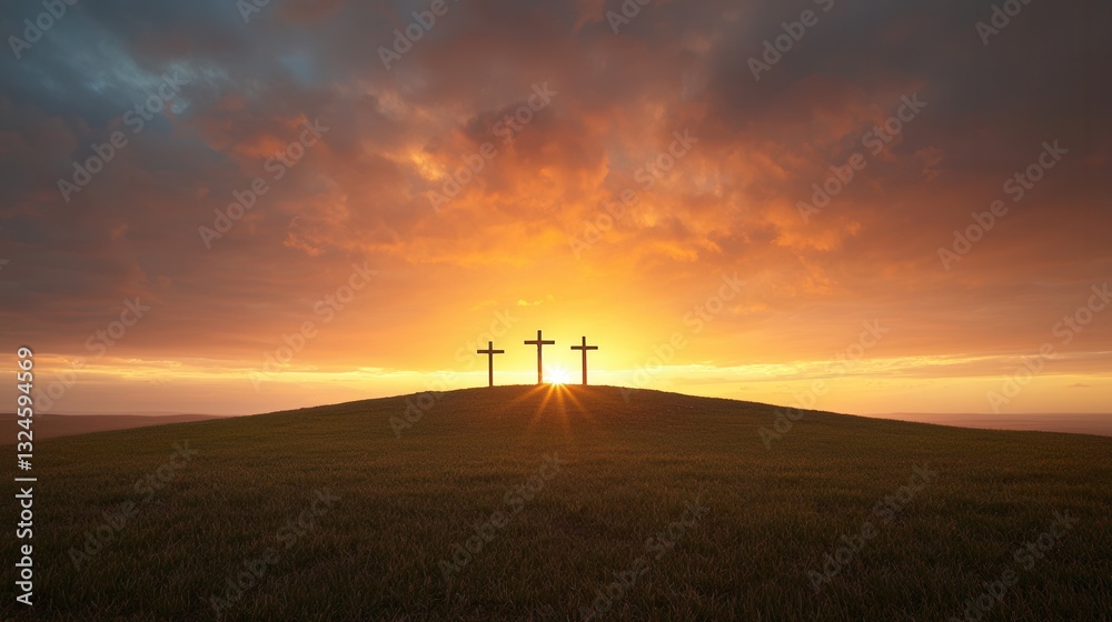 Obraz premium A tranquil and scene of three crosses silhouetted against a vibrant sunset sky evoking a sense of faith hope and spiritual contemplation
