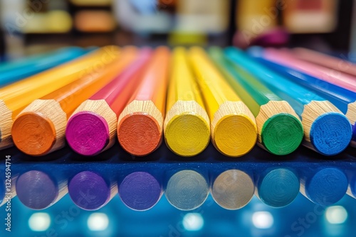 Variety of Colored Pencils Arranged Neatly on a Textured Blue Surface Creatin...