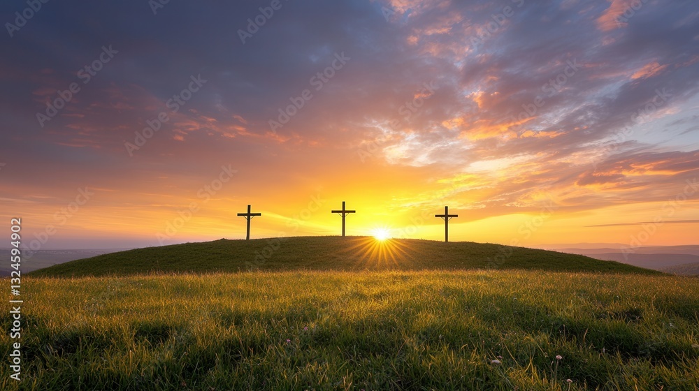 Obraz premium A serene and spiritual landscape at sunset featuring three towering crosses silhouetted against the vibrant sky creating a contemplative and devotional atmosphere