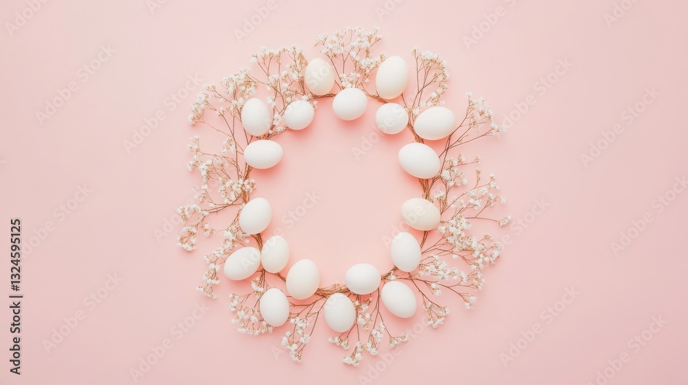 Obraz premium White chicken eggs arranged in a creative pattern on pastel pink background