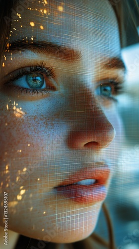 Close-up of a Young Woman With Captivating Blue Eyes Reflecting Urban Lights ...