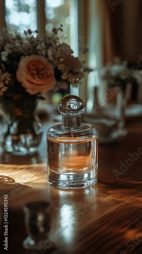 Elegant Glass Perfume Bottle on Wooden Surface in a Softly Lit Interior Space