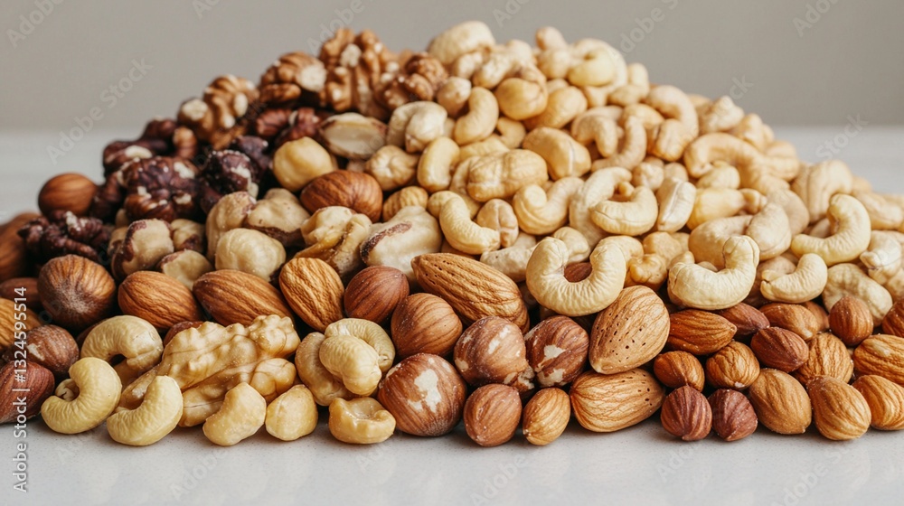 A diverse assortment of nuts neatly arranged in a pile on a smooth white surface, showcasing the rich textures and natural colors of walnuts, hazelnuts, and cashews. A diverse assortment of nuts neatly arranged in a pile on a smooth white surface, showcasing the rich textures and natural colors of walnuts, hazelnuts, and cashews.