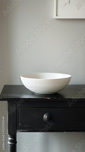 Minimalistic Interior With a White Bowl and Flowers on a Dark Table in Natura...