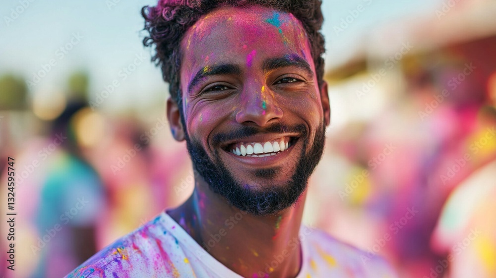 Vibrant celebration of life and color at Holi festival with powder-covered participant showing pure joy through genuine smile, creating perfect cultural moment Vibrant celebration of life and color at Holi festival with powder-covered participant showing pure joy through genuine smile, creating perfect cultural moment