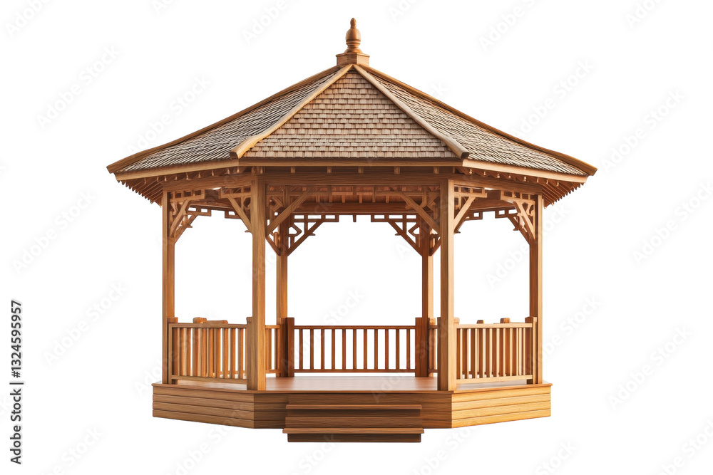 Elegant wooden gazebo under bright light, captured in a serene setting with intricate design details isolated on transparent background Elegant wooden gazebo under bright light, captured in a serene setting with intricate design details isolated on transparent background
