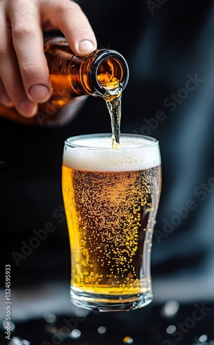 Pouring Golden Lager Into a Glass With Bubbles Amidst a Dark Background