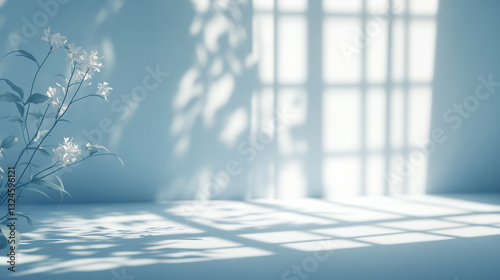 A dreamy, gradient blue studio backdrop designed for product presentation, featuring blurred window and floral shadows for a serene summer ambiance