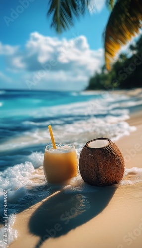 Refreshing Coconut Drinks on a Tropical Beach With Gentle Waves and Clear Blu...