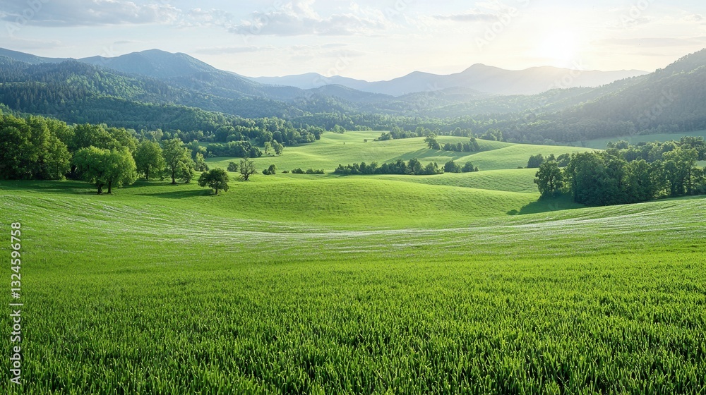 Obraz premium A picturesque and serene countryside landscape showcasing a lush green field surrounded by rolling hills forests and a majestic mountain range in the distance