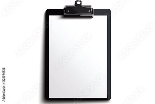 A high-quality vector illustration of a black clipboard with a blank white sheet and a metallic clip, isolated on a white background.
