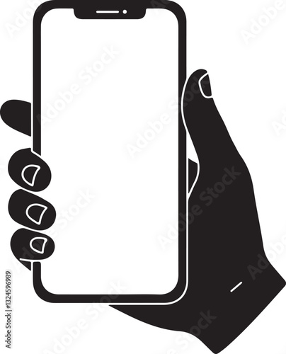 Human hand holding bezel-less smartphone silhouette icon, mobile cellular phone flat vector illustration
