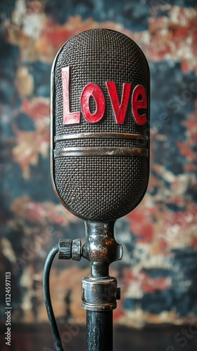 Vintage Microphone With Love Written in Red on a Neutral Background