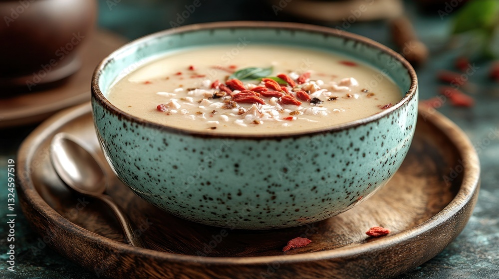 Creamy soup bowl with goji berries, rustic setting Creamy soup bowl with goji berries, rustic setting