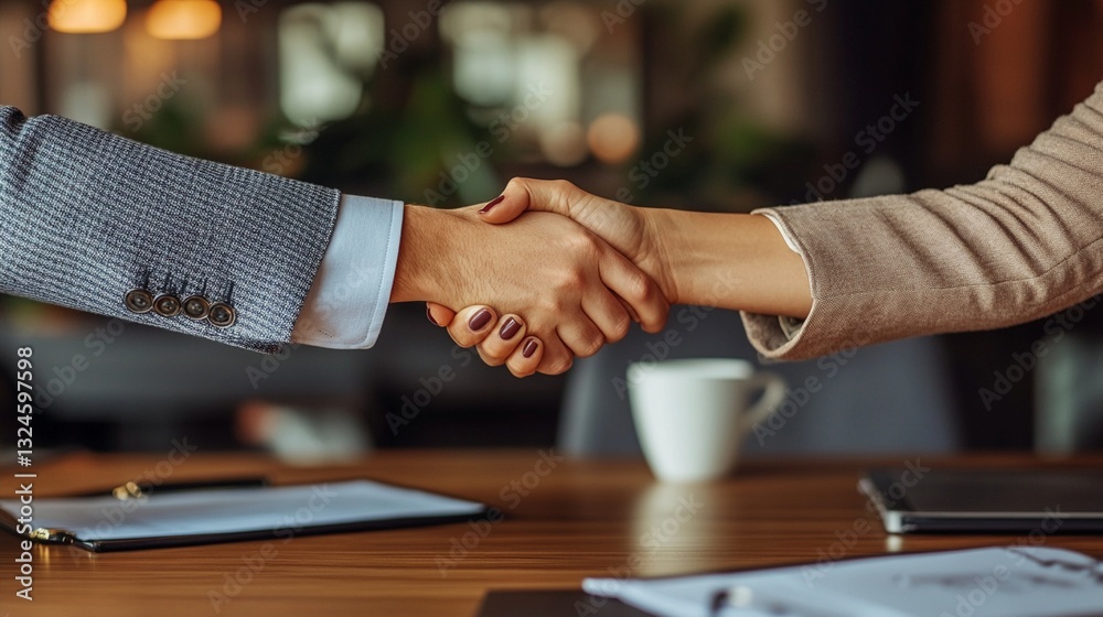 Professional business partnership sealed with a confident handshake over a desk with documents and coffee, symbolizing successful collaboration and mutual understanding. Professional business partnership sealed with a confident handshake over a desk with documents and coffee, symbolizing successful collaboration and mutual understanding.