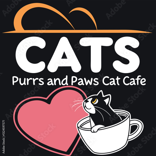 "Cats Purrs And Paws Cat Cafe" T-Shirt Design - Adorable Heart and Cat Graphic for Cat Cafe Enthusiasts and Feline Lovers Seeking Cute and Playful Pet Apparel to Show Their Love for Cats and Cafes