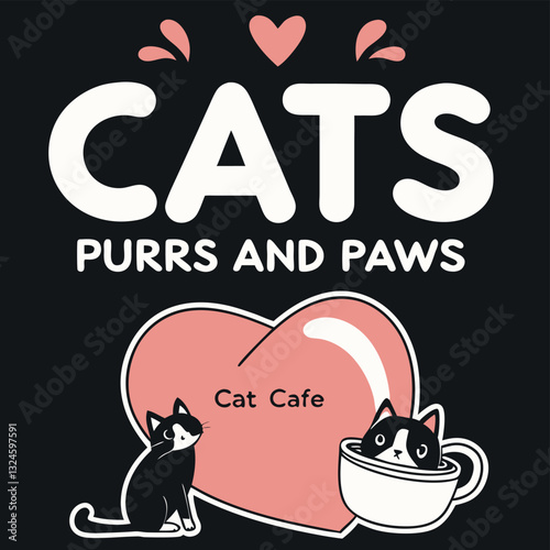 "Cats Purrs And Paws Cat Cafe" T-Shirt Design - Adorable Heart and Cat Graphic for Cat Cafe Enthusiasts and Feline Lovers Seeking Cute and Playful Pet Apparel to Show Their Love for Cats and Cafes
