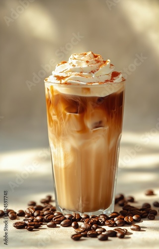 Delicious Iced Coffee Topped With Whipped Cream and Cinnamon Served in a Tall...
