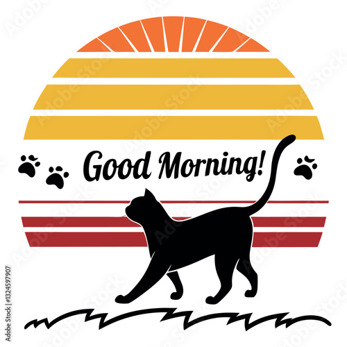 "Good Morning!" Cat T-Shirt Design - Adorable Black Cat Silhouette with Sunrise/Sunset and Paw Prints for Cat Lovers and Positive Morning Vibes