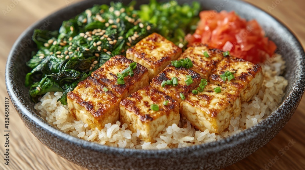 Grilled Tofu Bowl with Rice, Greens, and Toppings on Wooden Table Grilled Tofu Bowl with Rice, Greens, and Toppings on Wooden Table