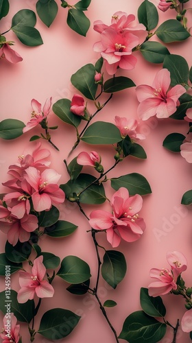 Soft Pink Flowers and Green Leaves Arranged on a Light Pink Backdrop for a Ca...