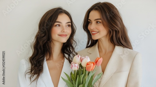 Sisters Enjoying a Moment With Fresh Tulips in a Bright, Minimalist Indoor Se...