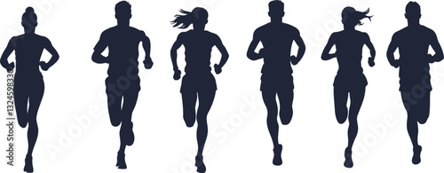 Silhouettes of Runners in Dynamic Motion Vector Illustration isolated on white background.