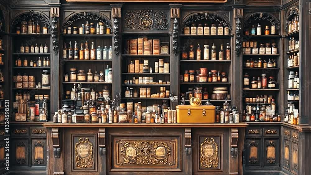 Vintage apothecary shop interior showcasing ornate wooden shelves filled with bottles