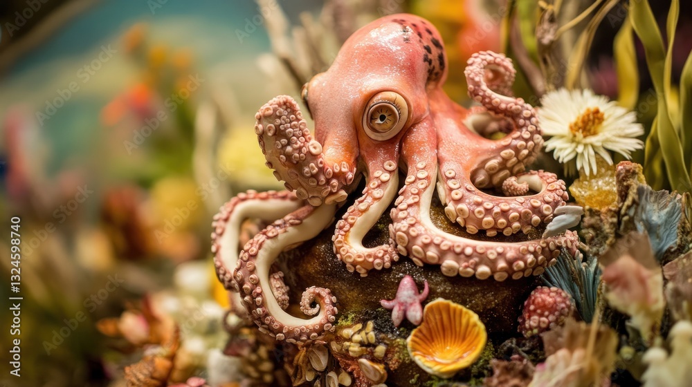 Naklejka premium Detailed sculpted octopus, coral reef scene