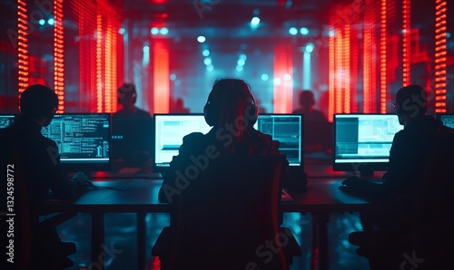 hackers at work, silhouettes in front of computer screens with red neon lights. photo