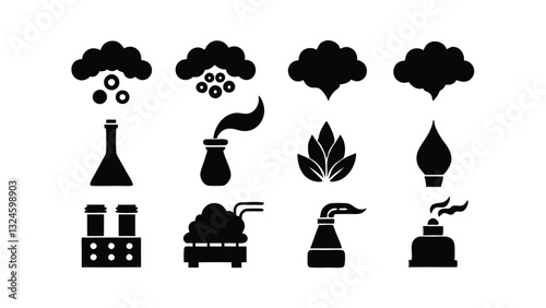 Pollution Emission Icons Smoke, Factory, Fire, Flask, Gas