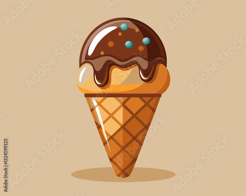 scoop of chocolate ice cream in a waffle cone, on a light brown background.