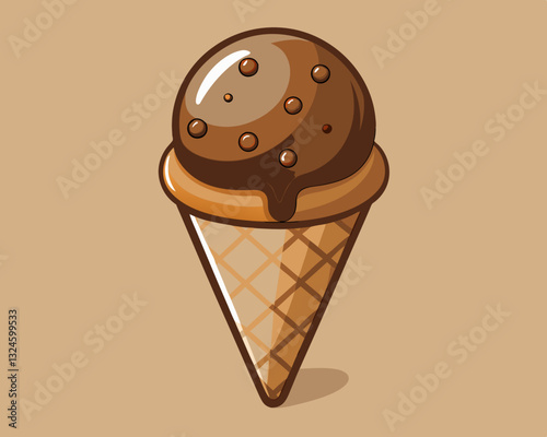 scoop of chocolate ice cream in a waffle cone, on a light brown background.