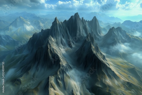 Majestic Mountain Range Under Soft Clouds Creating a Serene Landscape View at...