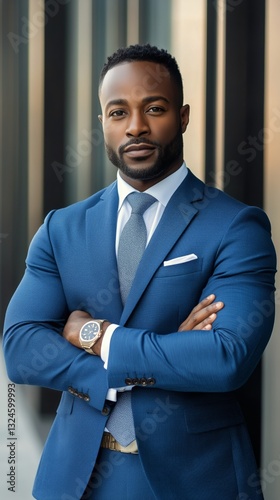Business Professional in a Blue Suit Poses Confidently Against a Brick Wall D...