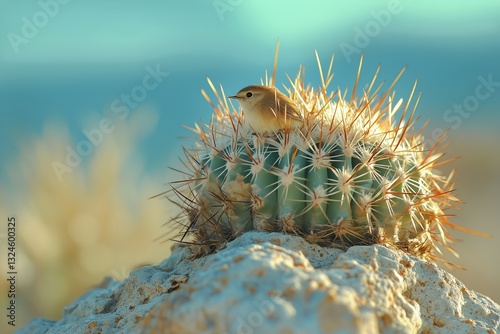 Bird Sitting on Cactus While Sunlight Highlights Its Feathers in a Desert Set...