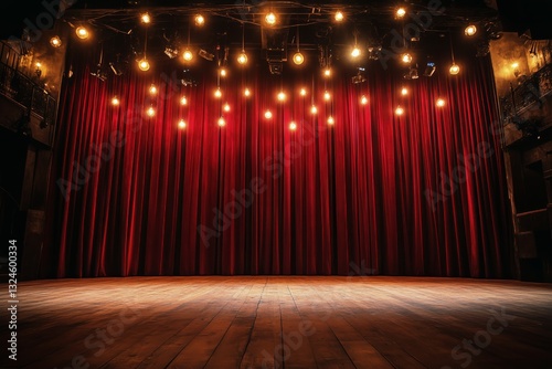 Red Curtain Stage Ready for Performance in a Small Theater at Night