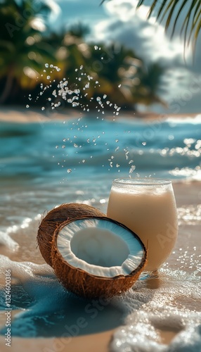 Refreshing Coconut Drinks on a Tropical Beach With Gentle Waves and Clear Blu...